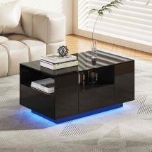 Led Couchtisch / Design Wohnzimmertisch mit Ablagefach und Schubladen - Schwarz Hochglanz - Makika