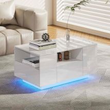Led Couchtisch / Design Wohnzimmertisch mit Ablagefach und Schubladen - Weiß Hochglanz - Makika