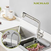 Xichao - Küchenarmatur aus gebürstetem Nickel – rohrförmiger herunterziehbarer Auslauf