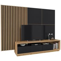 Meublorama - xl TV-Möbel mit dekorativer XL-Rückwand aus der clara Kollektion. Farbe Eiche und Mattschwarz.