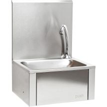 Vier en acier fin – 390 x 355 x 565 mm – Commande au genou – Lavabo gastronomique avec Cuve carrée et Paroi arrière – Lavabo Lave-main hygiénique