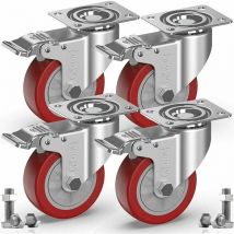 4 Ruedas Giratorias para Muebles con Freno (Tornillos No Incluidos) - 100mm, hasta 600kg - No Deja Marcas en el Suelo para Cargas Pesadas - Rueda de