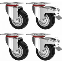 Set de 4 Roulettes pivotantes 75 mm avec frein - Roulettes pour meubles jusqu'à 50 kg par roue - Charge lourde - Caoutchouc pour intérieur et