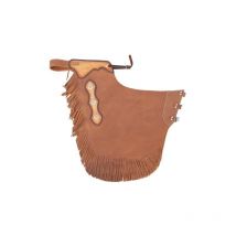 L, Marron: Western Chaps en cuir lisse avec franges et applications cuir