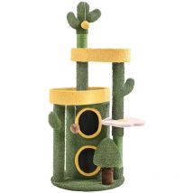 Arbre à Chat Design Oasis Moppy avec Cachette Cylindrique à 2 Niveaux 3 Perchoirs Poteaux Cactus avec Griffoirs Jouets 123 cm de Haut Vert/Jaune