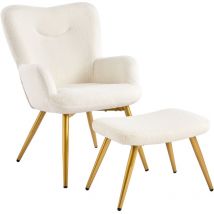 Yaheetech - Boucle Accent Chair and Ottoman Set with Golden Metal Legs, Ivory