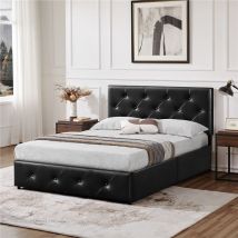 Yaheetech - Lit Double Cadre de Lit avec Tête de Lit Capitonnée Réglable en Hauteur 140x200cm Lit Coffre avec Tiroirs Sommier à Lattes Pieds en Bois