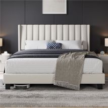 Yaheetech - Cama tapizada 160 x 200 cm Cabecero a Rayas con Alas Láminas de Madera y Metal Cama Matrimonial Color Beige