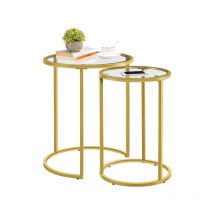 Juego de Mesitas Auxiliares Redondas Mesa de Centro de Cristal con Marco de Acero Mesas Nido de Estilo Moderno Mesa de Café para Salón, Dorado