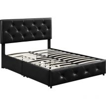 Letto con Testiera Imbottita Regolabile Similcuoio con 4 Cassetti 140 x 200 cm Rete a Doghe Gambe in Legno Massiccio e Metallo Nero - Yaheetech