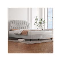 Lit Double Capitonnée Réglable en Hauteur Cadre de Lit en Bois avec Sommier à Lattes Pieds en Bois Massif et Métal- Beige - 160x200 cm - Yaheetech