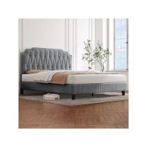 Yaheetech - Lit Double Capitonnée Réglable en Hauteur Cadre de Lit en Bois avec Sommier à Lattes Pieds en Bois Massif et Métal- Gris Clair - 160x200