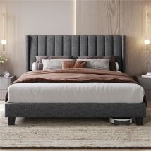 Torana - Yaheetech Lit Double Rembourré avec Sommier à Lattes, Cadre de Lit Moderne pour Adultes 2 Personnes, Tête de Lit à Rayures, Lit en Bois et