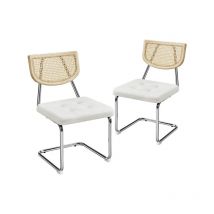 Chaise Cantilever Lot de 2 Chaises de Salle à Manger Mid-Century Dossier en Rotin Tissé Chaises de Cuisine Assise Capitonnée Pied en Métal pour