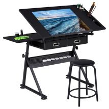 Yaheetech - Mesa de Dibujo Inclinable Mesa de Pintura Multifuncional Escritorio con Cajones para Arte Estudio Altura Ajustable Negro 120.5 x 60W