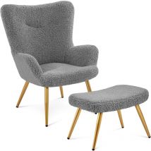 Yaheetech - Ohrensessel mit Hocker Polyester-Bezug, Fernsehsessel Armlehnensessel Polstersessel Relaxsessel Cocktailsessel Teddy-Plüsch Stilvolles