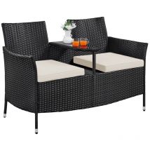 Yaheetech - Salon de Jardin Banc Extérieur 2 Places en Résine Tressée Banquette Canapé avec Table Centrale en Verre Trempé Coussins Amovibles