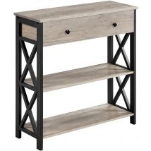 Table Console en Bois, Meuble d'Entrée, Table d'appoint avec 1 Grand Tiroir et 2 Etagère de Rangement, Design en Forme x, pour Salon Couloir, Gris,