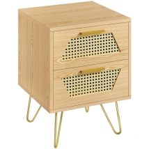 Yaheetech - Table de Chevet en Bois, Table de Nuit Scandinave Chambre, 2 Tiroir en Rotin, Pieds Métalliques, Bout de Canapé Salon, 40 × 40 × 55 cm