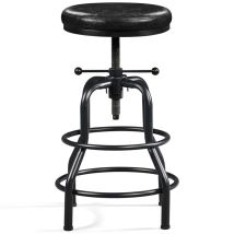 Tabouret de Bar Industriel en Similicuir Tabouret Haut Rond Réglable en Hauteur avec Deux Repose-Pieds Chaise de Cuisine avec Cadre en Métal pour