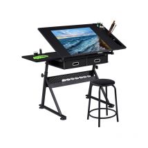 Yaheetech - Tavolo da Disegno Inclinabile Altezza Regolabile con Sgabello e 2 Cassetti Scomparti a Matite Scrivania per Disegnatore Pittore Nero