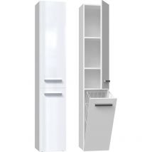 Hucoco - yana - Meuble salle de bain avec panier à linge - 31x30x174 cm - Colonne rangement sdb Blanc brillant