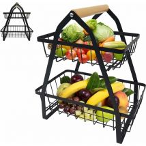 Corbeille à fruits 2 étages Corbeille à fruits Rack,Étagère à épices Debout amovible,avec poignée en bois Corbeille à pain - Yardin