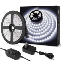 Ymyny 5M led Strip 1200LM Cool White Dimmable, 12V 6000K 300LEDs 2835, Self-Adhesive led Strip with Dimmer, Connectors + Transformer, Interior