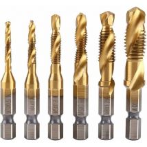 Ymyny - 6-teiliges Gewindebohrer-Set, 1/4-Zoll-Sechskantschaft-Gewindebohrer M3-M10, titanbeschichteter HSS-Bohrer und Gewindebohrer, metrische