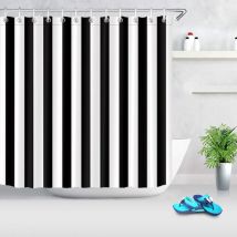 Rideau de douche à rayures noires et blanches, tissu polyester imperméable 180 x 200 cm, décoration de salle de bain simple et élégante, crochets