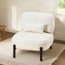 Mid Century Modern Accent Chair – Extra Large Teddy Fabric Lounge Chair with Pillow, Sturdy Metal Frame (350lb Capacity) – White - Yodolla