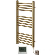 York Flat Brushed Brass Electric Towel Rail 400mm Wide x 800mm High + 7 Day Timer/Thermostat