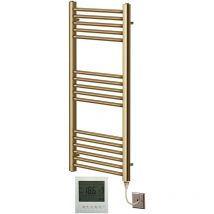 York Flat Brushed Brass Electric Towel Rail 500mm Wide x 1000mm High + 7 Day Timer/Thermostat