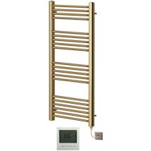 York Flat Brushed Brass Electric Towel Rail 400mm Wide x 1200mm High + 7 Day Timer/Thermostat