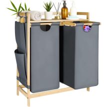 Yorking 2 Fächer Aus Bambus, Wäschesammler 100 L (2 X 50 L) – Wäschesortierer Mit Ablage, Abnehmbarer Wäschesack & Seitliche Taschen, Natur-optik, 94 