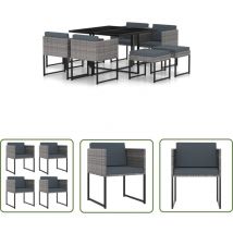 The Living Store 9-tlg. Garten-Essgruppe mit Kissen Poly Rattan Grau - Gartenmöbel - Essgruppe - Outdoor Möbel - Rattan Gartenmöbel - Pool Party