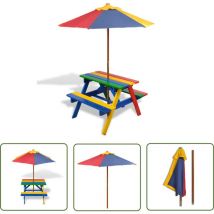 Youthup - The Living Store Kinder-Picknicktisch mit Bänken & Sonnenschirm Mehrfarbig Holz - Holzspielplatz - Kindergartenmöbel - Spieltisch - Outdoor