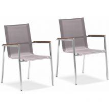 2x Edelstahl Gartenstuhl mit Teak Holz Armlehne, 55 x 56 x 88 cm, Taupe, wetterfest, stapeln - Zelsius