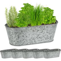 Zinkwanne 6er Set, Verzinkte Pflanzschalen, ovale Eisenwannen für draußen, HxBxT: 11 x 30,5 x 13,5 cm, silber - Relaxdays