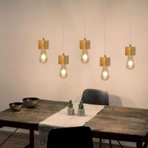 Lampe à suspension bois 5-flamme lampe de table à manger 150cm hauteur lampe suspendue réglable lampe en bois avec douille E27 pour salle à manger