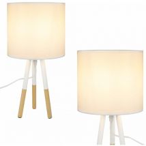 Lampe de chevet Lot de 2 en bois Blanc E27 style rustique Petite avec abat-jour en tissu naturel lampe de table Pour Chambre à coucher Salle à manger