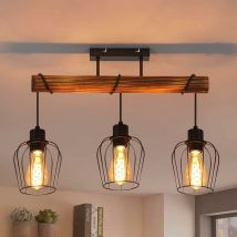Plafonnier Industrielle Lampe de Plafond vintage - E27 Rétro Luminaire Plafonnier Noir Métal Fer Cage Abat-jour Lampe de Salon au Design Bois pour