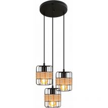 Lampada a sospensione vintage E27 in rattan Lampada da tavolo da pranzo retrò Lampada da soggiorno a 3 luci nera in metallo paralume rustico - ZMH