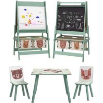 ZONEKIZ conjunto para niños incluye 1 mesa con 2 sillas infantiles y 1 caballete 3 en 1 con cestos para dormitorio sala de juegos verde