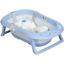 Zonekiz - Bañera plegable bebé con cojín bañera bebé recién nacido hasta 6 años con almohadillas antideslizantes y agujero de ducha 83x48x23,5 cm azul