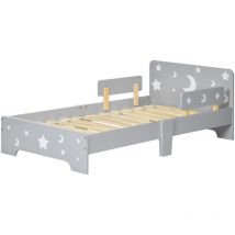 Lettino per Bambini 3-6 Anni con Motivi a Stelle e Luna Grigio e Legno - Zonekiz