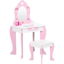 Zonekiz - tocador infantil de madera tocador para niñas con taburete y espejo tocador de maquillaje para niñas de 3-6 años con cajón 50x36,5x89,5cm