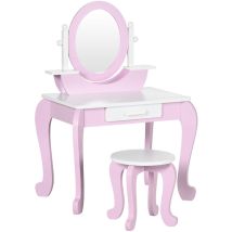 Zonekiz - tocador para niñas con taburete y espejo tocador infantil de madera con cajón mesa de maquillaje para niñas de 3-6 años 65,5x46x93 cm rosa