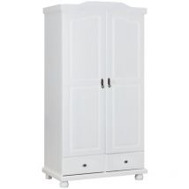 Zweitüriger Kleiderschrank mit zwei Schubladen in Kiefer massiv, Farbe weiß, 104 x 200 x 56 cm.