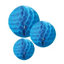 3 turkooise ballen van honingraatpapier 15; 20 en 25 cm